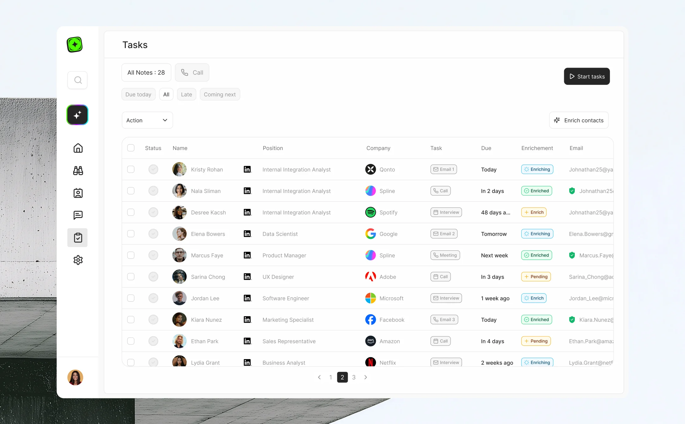 Talentfindr feature : 
I also introduced "Task" that allow recruiters to effortlessly accomplish classer et traiter des taches. 
Process automatisé et en lien avec les campagnes + un systeme d'enrichissement etc...
Recruteurs travaillent par sessions et s'organisent avec des listes  (Listes bizdev, listes de chasse) Un des besoins utilisateurs est justement de pouvoir se concentrer sur des session. le systeme de tasks et rappels faisaient donc tout son sens.